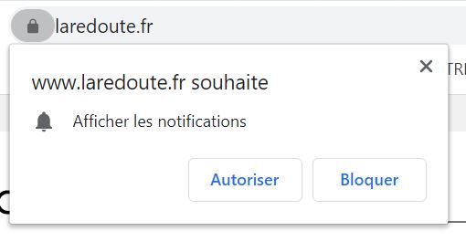 exemple de demande de consentement à recevoir des notifications sur le site de La Redoute