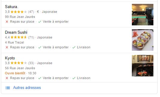 exemples de rich snippets d'avis dans Maps