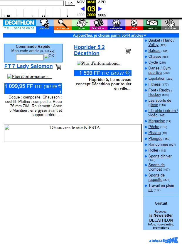 le site "vintage" de Décathlon tel qu'il apparait en 2000 avec l'outil Wayback Machine