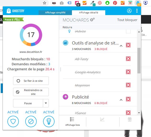 test de l'extension Ghostery sur le site Decathlon.fr