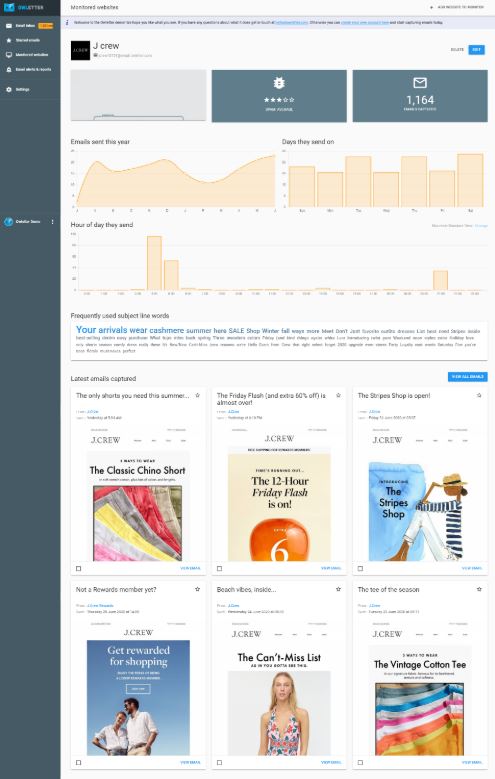 exemple du back office d'Owletter avec le revelé des emailings et les staistiques de routage de la marque J. Crew