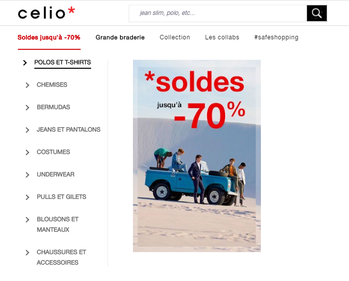 traitement des soldes dans le menu du  site Célio