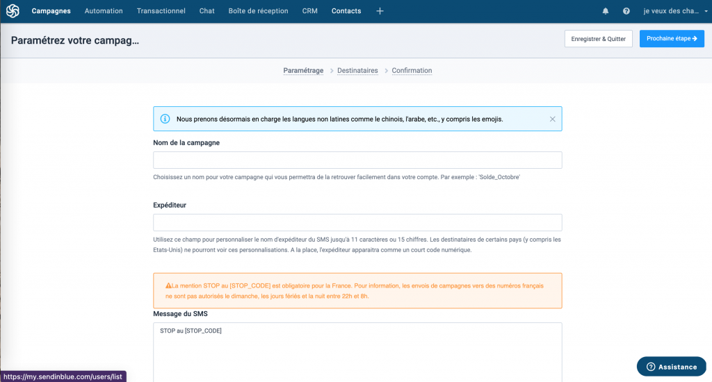 sendinblue-campagne-sms-paramétrage
