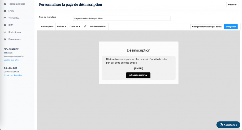 sendinblue-parametre-page-desinscription