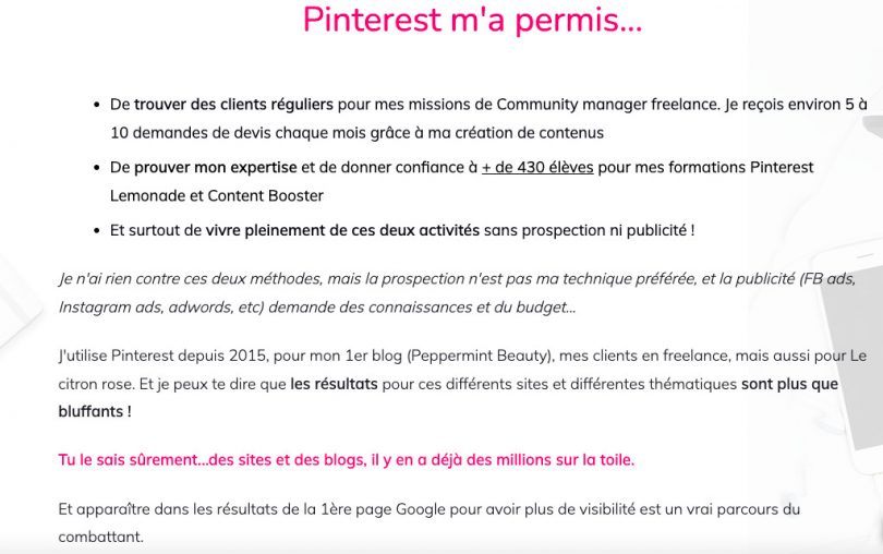 Page de vente copywriting pour une formation Pinterest