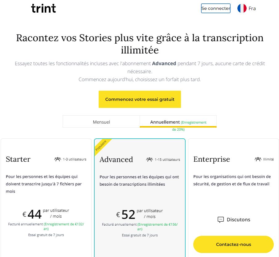 Tarifs pour transcrire un audio en texte avec Trint