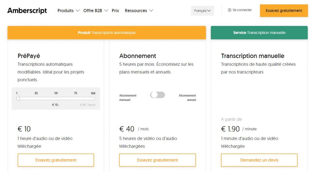 Tarifs de transcription audio en texte du logiciel Amberscript