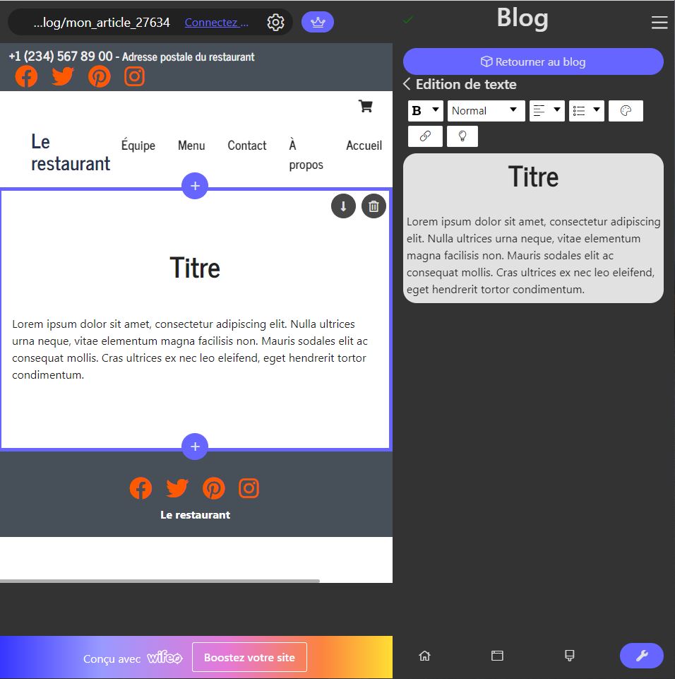 Interface de rédaction d'article de blog de Wifeo
