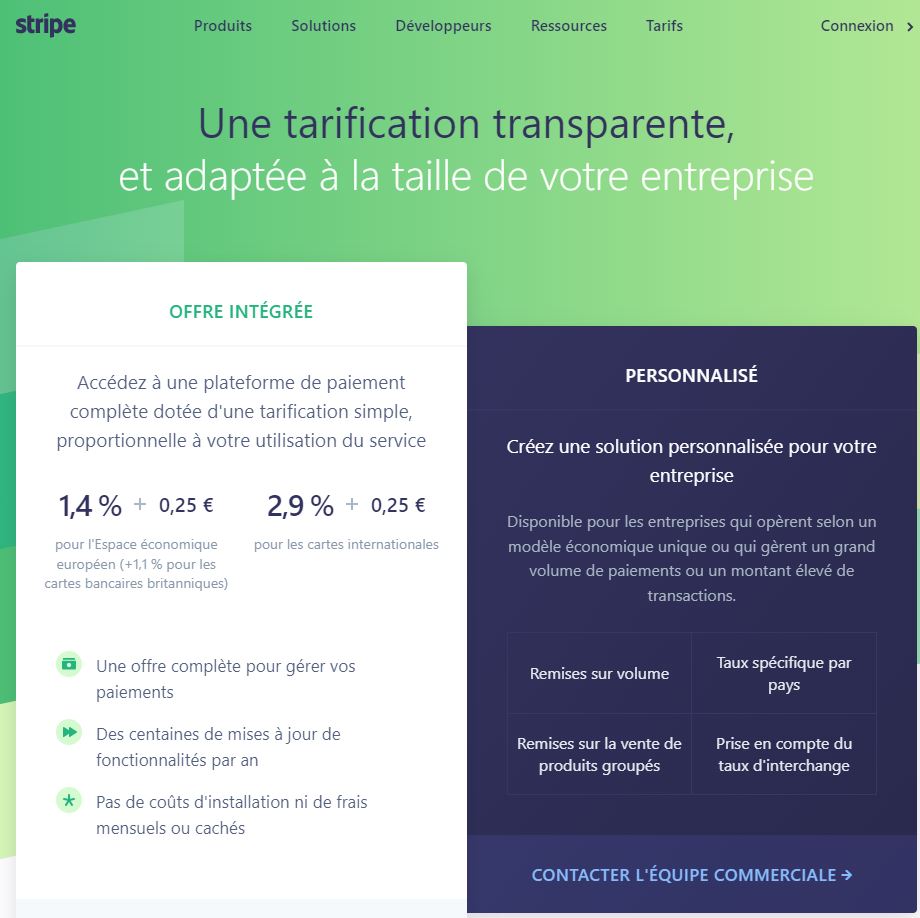 Tarifs de la solution de paiement en ligne Stripe