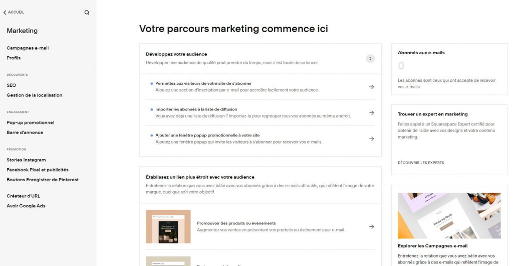 Le tableau de bord des outils marketing Squarespace