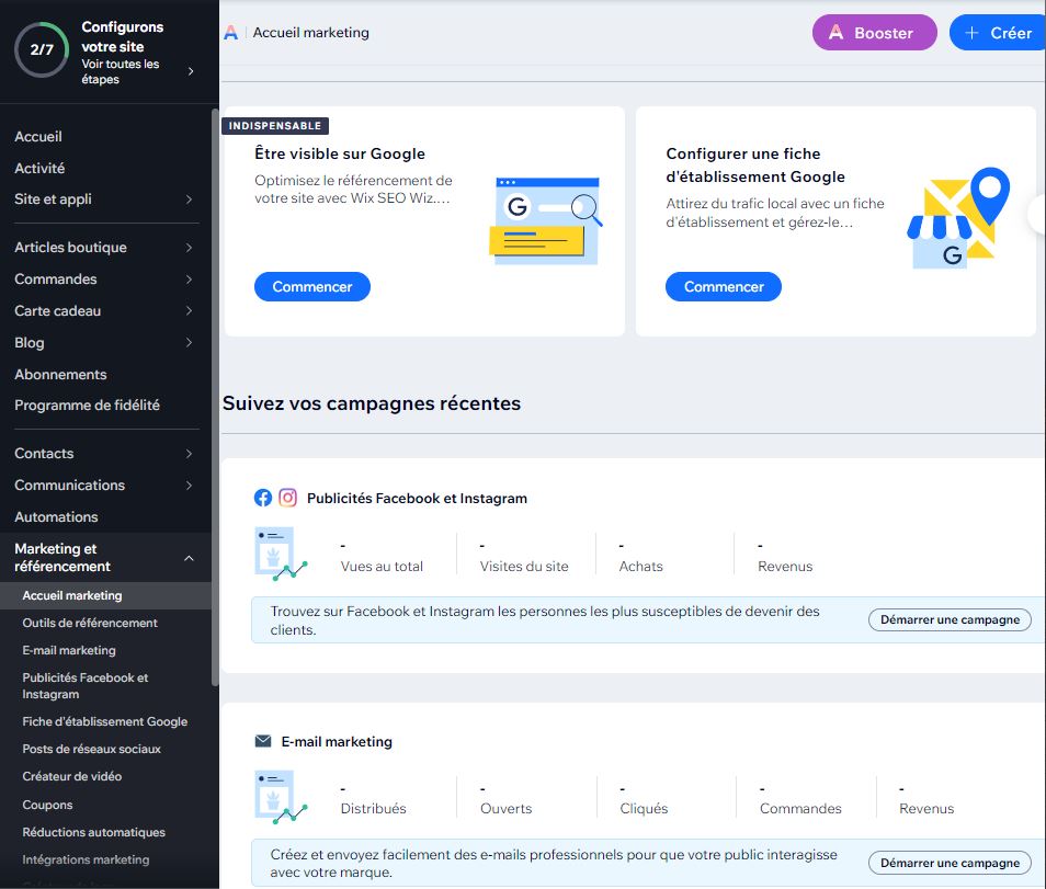 Le tableau de bord des fonctionnalités marketing chez Wix
