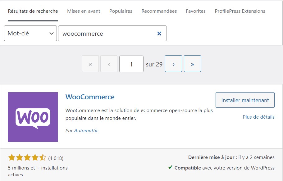 Installation du plugin WooCommerce