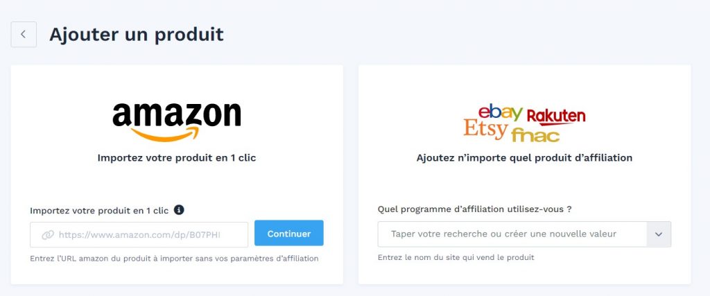 Interface d'ajout de produit depuis Amazon