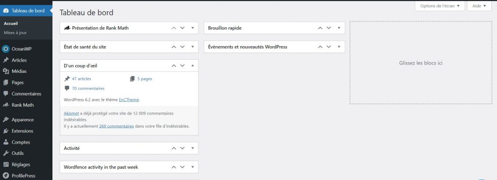 Le tableau de bord de WordPress